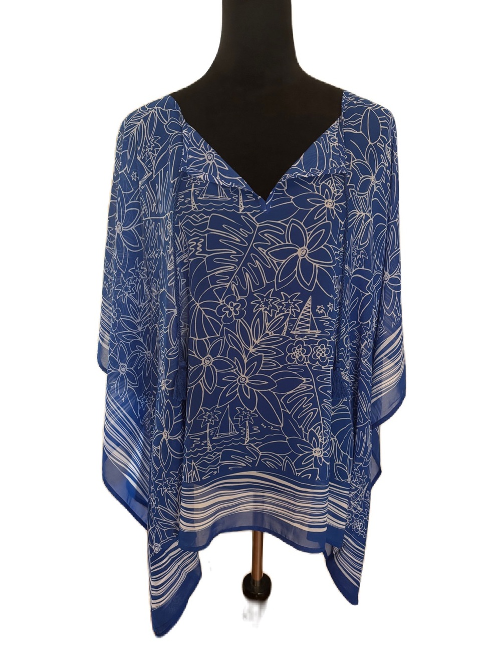 Chico's Royal Blue and White Floral V-Neck Blouse/Poncho